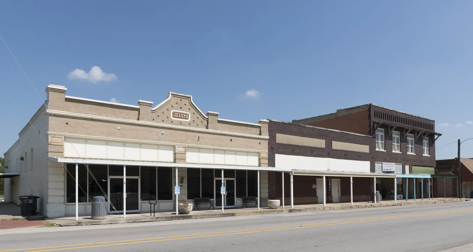 Brick storefronts along Main Street in Italy, Texas